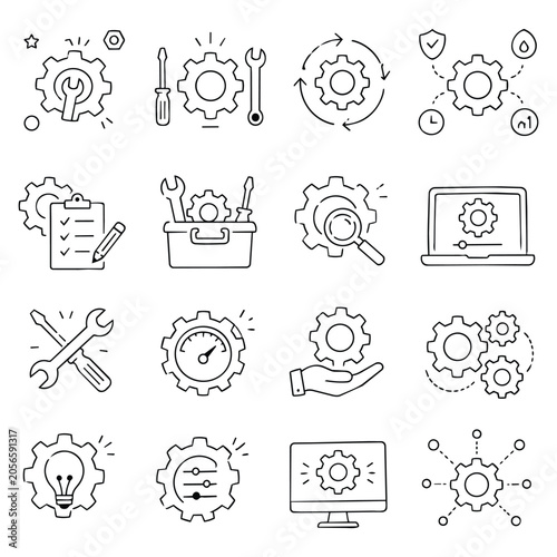 Engineering and Settings Outline Icons. A versatile set of hand drawn graphic symbols representing mechanical processes, innovation, and technological support. Perfect for displaying solutions.
