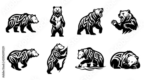 Set of black and white tribal style bear illustrations in various poses.