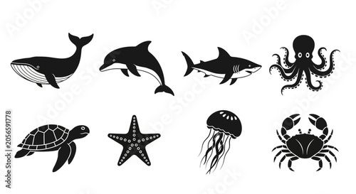 Marine Life Silhouette Icon Set