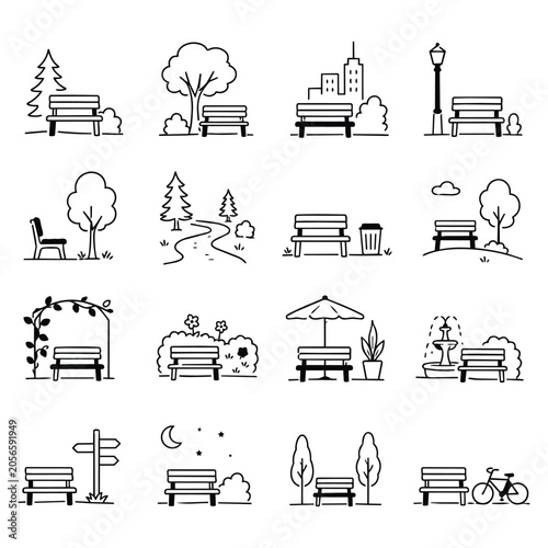 Public Bench Icon Collection. This set of simple illustrations displays outdoor seating in diverse natural and urban locales. Symbolizes relaxation and community gatherings.