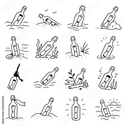 Schilderij op canvas Message In A Bottle Icon Set