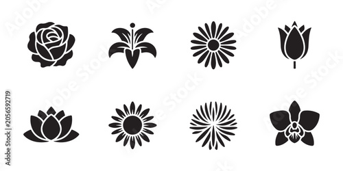 Collection of black silhouette flower icons isolated on transparent background.