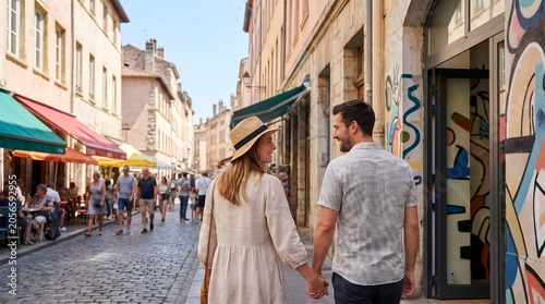 Romantic couple holding hands exploring a charming european city street, symbolizing shared joy and travel discovery.