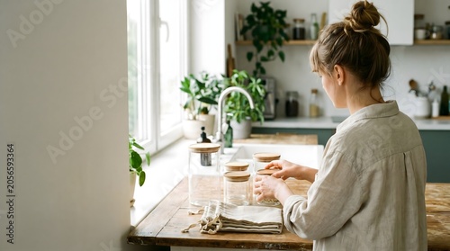 Back view of woman organizing kitchen storage illustrating mindful sustainable living in a modern home