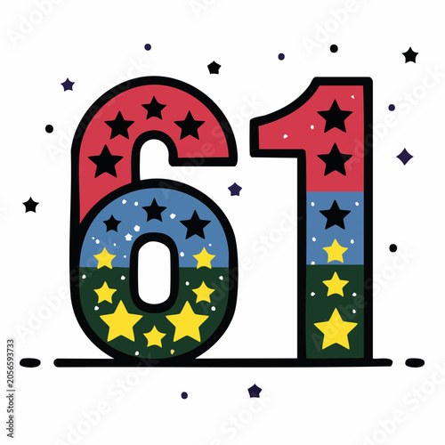 Number 61 with Stars and Confetti