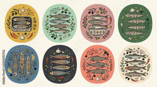 Vibrant Illustrated Sardine Fish Collection with Olive Branches and Spices on Colorful Backgrounds