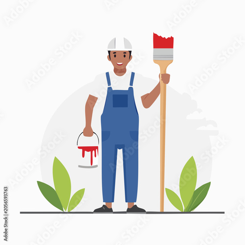 Painter Holding Paint Can and Brush