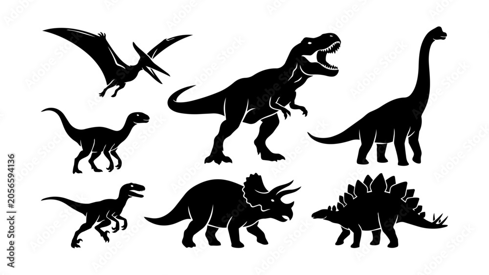 Obraz premium Dinosaur Silhouettes Set: Flat Vector Icons for Branding