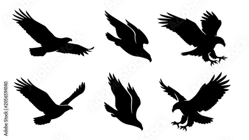 Quadro em tela Eagle Silhouettes Set: Flying and Hunting Birds for Branding
