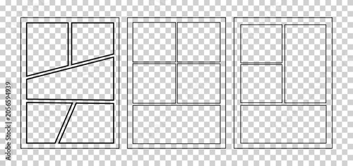 Manga comic book page layout templates with blank panels and white frames for creative storyboarding and graphic novel art.