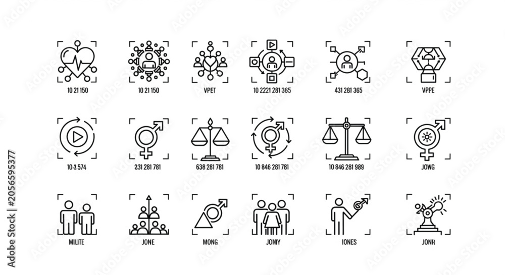 Obraz premium Social justice line icons set with human rights gender equality and community network outline symbols