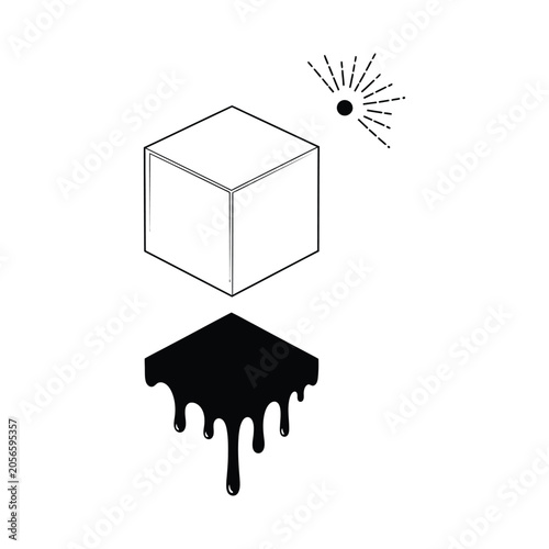 Minimalist surreal vector illustration of a 3D cube with a melting black dripping shadow and sun symbol for tattoo design and graphic art