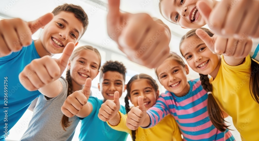 Fototapeta premium Group of Diverse Happy Children Giving Thumbs Up Together, Concept of Success, Teamwork, and Positive Education