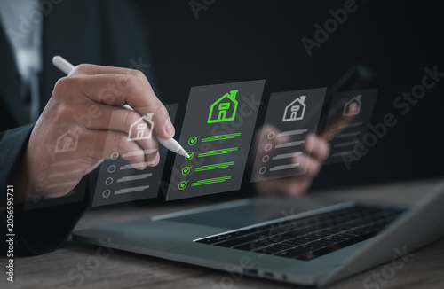 Property inspection checklist for home evaluation, assessment and approval process. Business professional reviewing housing requirements, documentation and compliance criteria for real estate transact