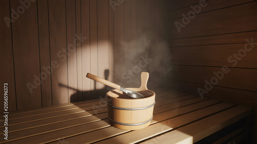 Sauna bucket with ladle on wooden bench steam rising