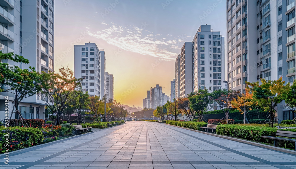 Fototapeta premium Large Korean Apartment Complex Walkway At Sunset
