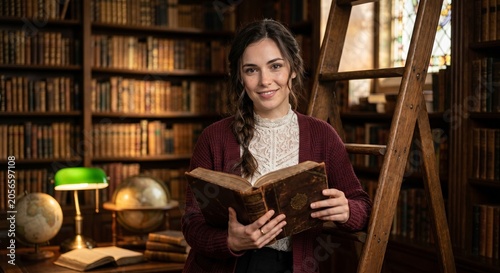 Cozy portrait of a smiling young woman holding an open vintage book inside a classic library