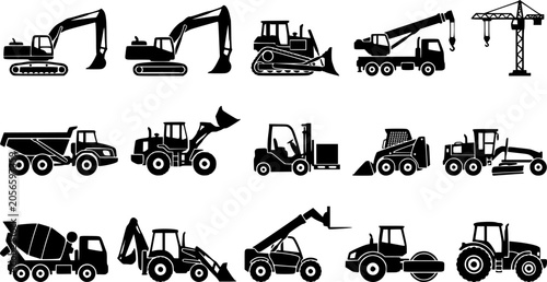 Silhouette construction machinery icons set with excavators, cranes, dump trucks, forklifts, tractors, loaders and industrial vehicles for building, engineering and heavy equipment .
