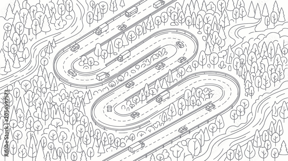 Obraz premium Winding Road Through Forest: Cars and Trucks on Highway, Aerial View