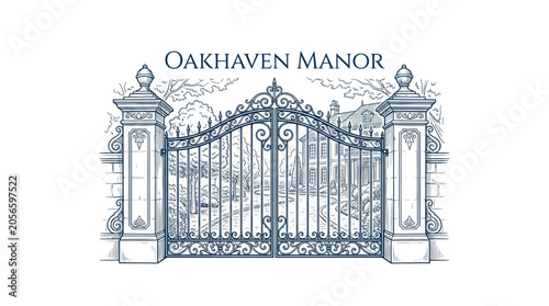 Tableau sur toile Ornate Gate Entrance to Oakhaven Manor Estate, Elegant Architectural Drawing