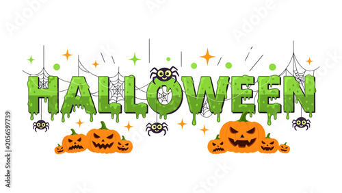 Quadro su tela Spooky Halloween Celebration: A festive graphic featuring the word HALLOWEEN in a dripping, slimy font, surrounded by grinning jack-o'-lanterns, playful spiders, and dangling spiderwebs