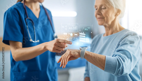A nurse checks a senior woman's smartwatch in a clinic room