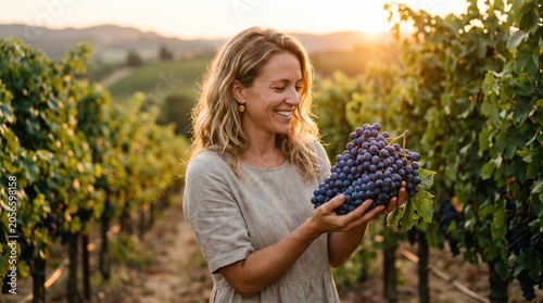 Woman holds bunch of grapes in vineyard during sunset in wine region