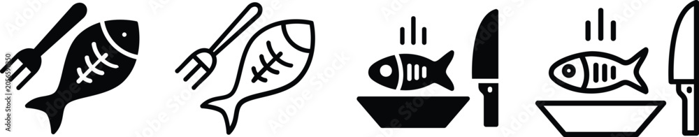 Fototapeta premium Fish food and seafood restaurant flat icon set with culinary silhouettes.