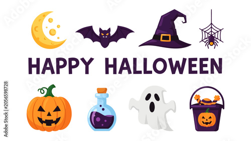 Tableau sur toile Happy Halloween Collection: A festive assortment of classic Halloween symbols including a grinning jack-o'-lantern, a spectral ghost, a mischievous bat, a spooky spider on its web, a pointy witch hat