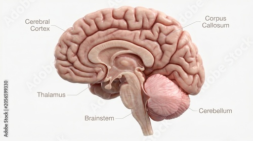 Detailed 3D medical illustration of the human brain, showcasing key anatomical structures like the cerebellum and cerebrum