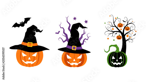 Slika na platnu Halloween Decorations: A trio of spooky and festive Halloween decorations, featuring carved pumpkins with glowing eyes and sinister smiles, pointy witch hats