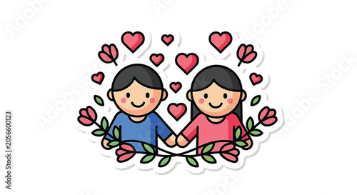 Cartoon couple holding hands smiling.