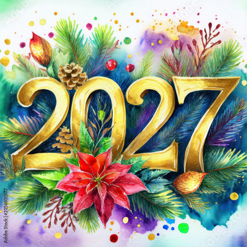 Golden 2027 numbers with festive holiday decor watercolor