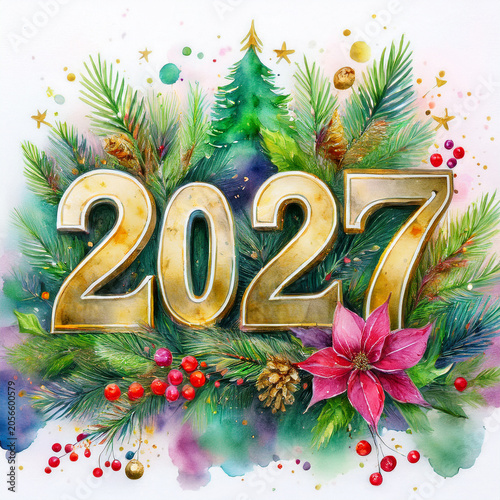 Golden 2027 numbers with festive winter foliage