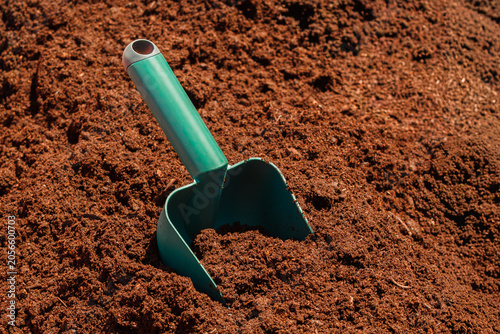 Garden hand scoop partially buried in rich organic compost soil, representing gardening, planting, soil preparation, and sustainable horticulture.