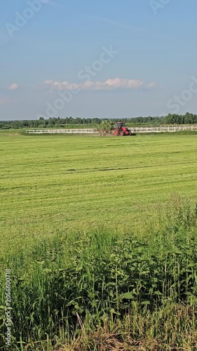 Vertical video of a large green agricultural field with round hay bales and a distant tractor near a forest on a sunny summer day. Rural countryside landscape, farming and agriculture concept.