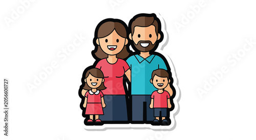 Cartoon family of four standing together.