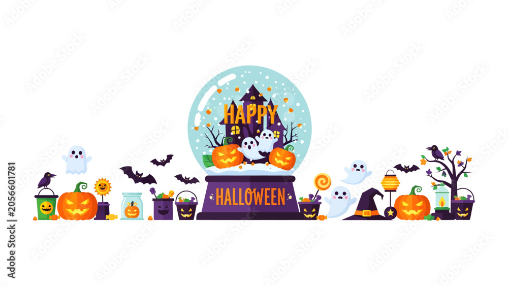 Naklejka premium Spooky Halloween Snow Globe Scene: A whimsical snow globe filled with a haunted house, smiling pumpkins, and playful ghosts sits at the center of a festive Halloween arrangement, complete with bats.