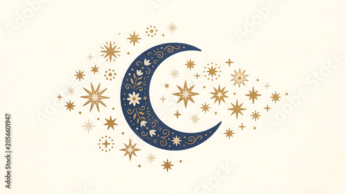 Crescent moon with decorative stars and mystical celestial elements retro folk illustration