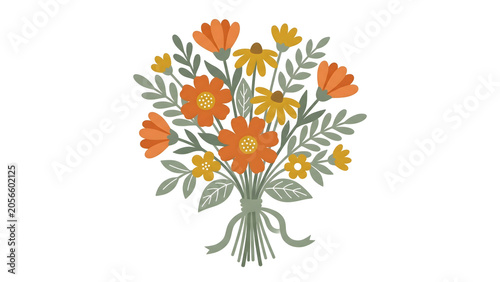 Flat retro wildflower bouquet tied with ribbon string botanical vector illustration