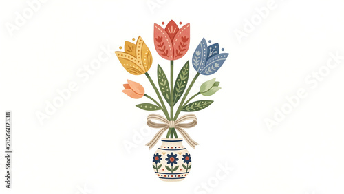 Minimal tulip bouquet illustration in Scandinavian folk art style retro vase design