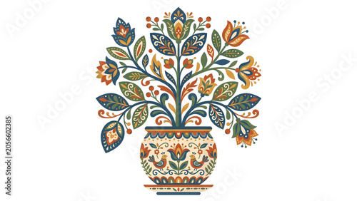 Potted houseplant illustration in Scandinavian folk art style decorative indoor tree