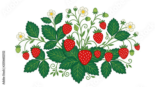 Strawberry leaves and fruits in retro folk art style botanical vector illustration