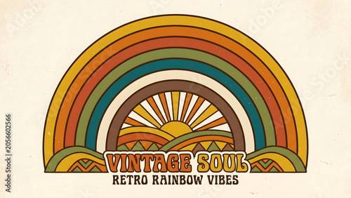 Retro 1970s vintage rainbow graphic with sunburst vector illustration, nostalgic design element