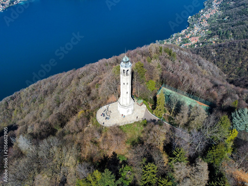 Aerial view of the Volta Lighthouse in Brunate, in a panoramic position above Lake Como.