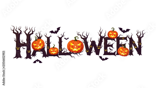 Φωτογραφία Halloween Word Art: A spooky and festive Halloween word art design featuring carved pumpkins and eerie trees, creating a classic holiday atmosphere