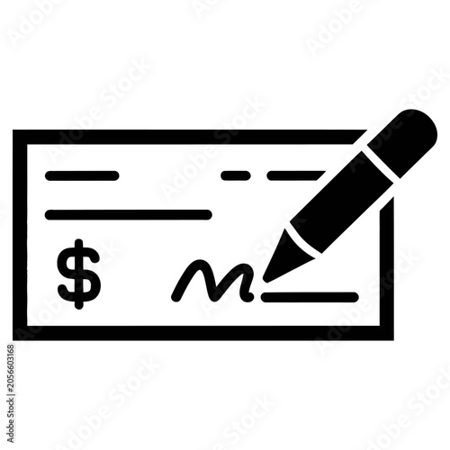 Bank check signing vector icon for financial payment and business transactions