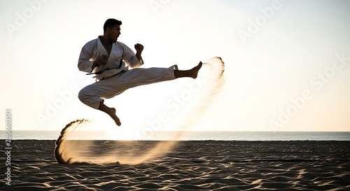 Man doing kitesurfing in the ocean.