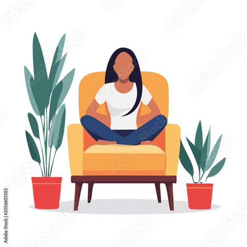 Woman Meditating in Armchair with Potted Plants