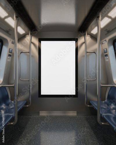 Modern subway train interior with a blank white advertising display integrated into the center wall panel, featuring clean metropolitan transit carriage environment for branding, marketing copy space
